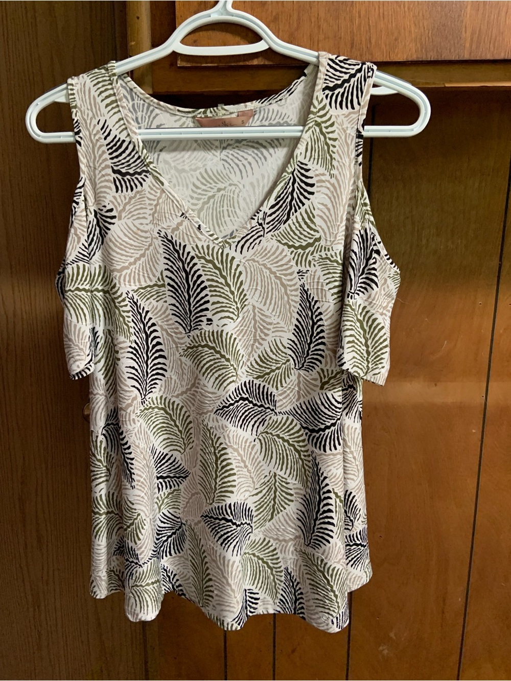 SJS Cream V-Neck cold shoulder Top with Olive and Black Leaf Print